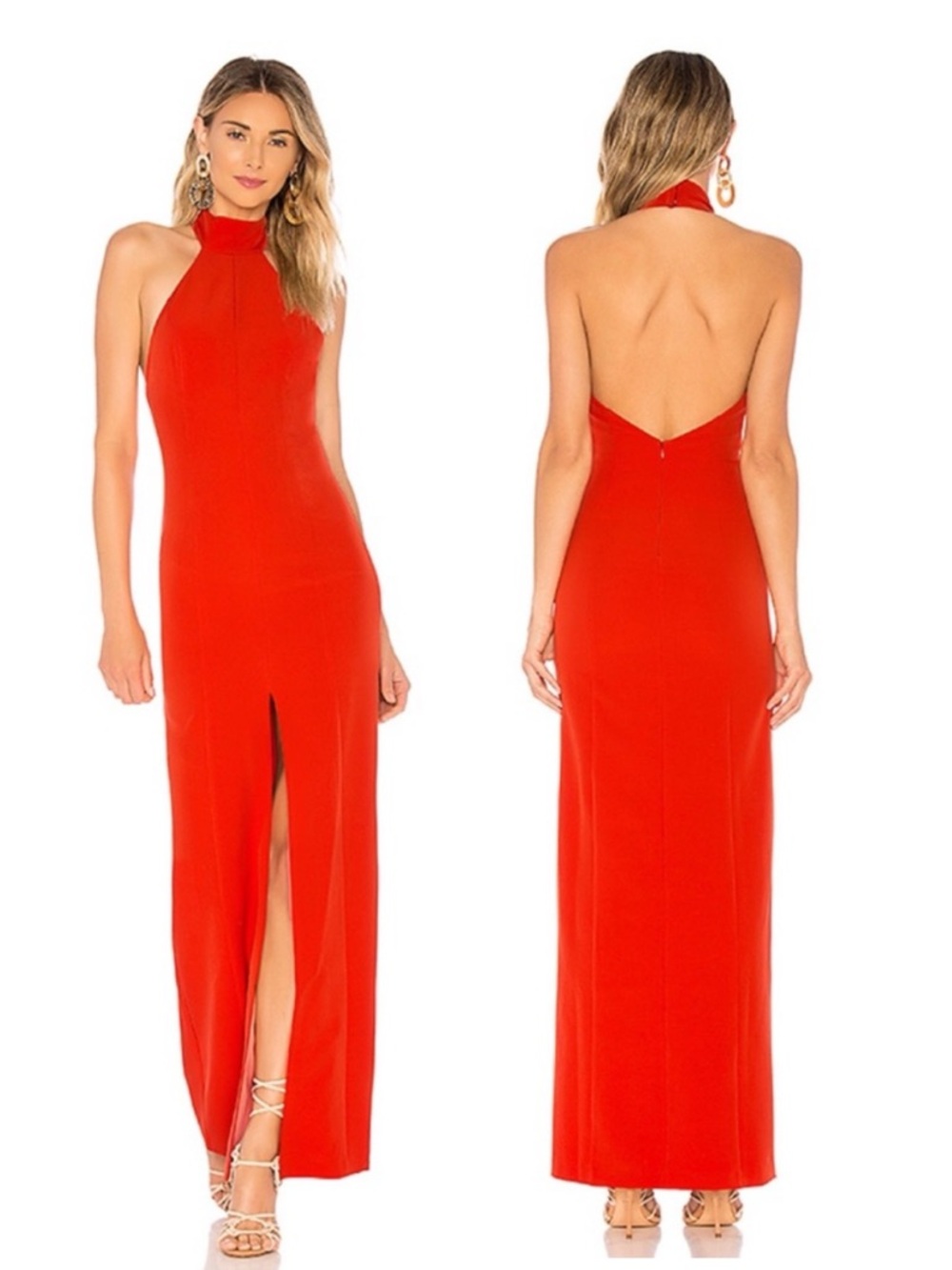 House of Harlow 1960 Revolve Diana Red Halter Open Back Front Slit Maxi Small